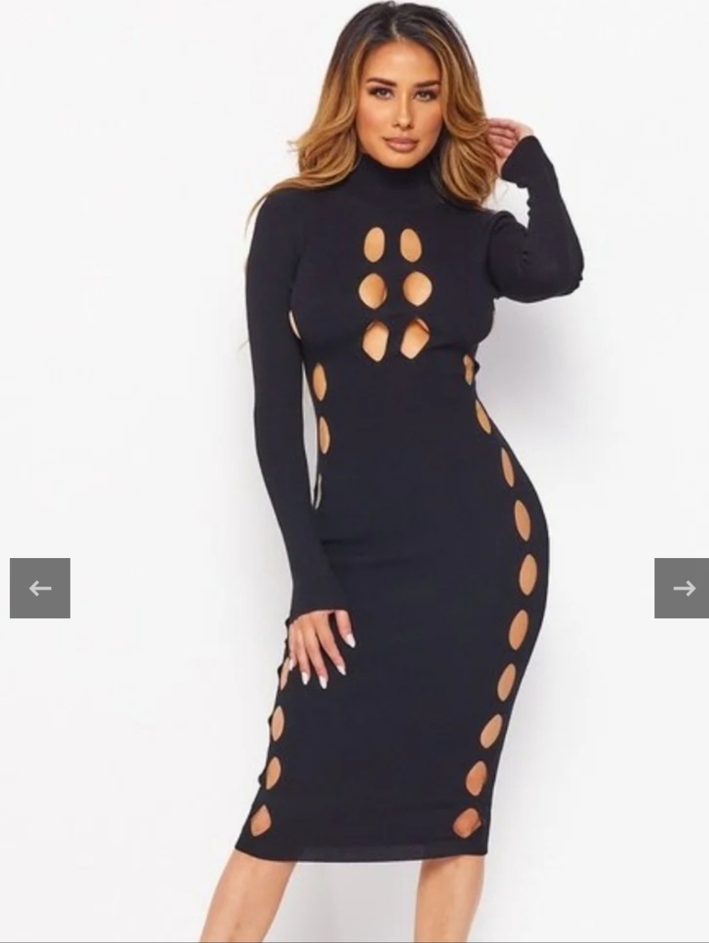 Hera Collection Sexy Black Long-Sleeve Cutout Midi Dress LBD Date Night Babe New